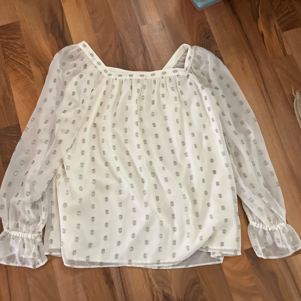 Talbots Square Neck Blouse Cream Silver Dots Sheer Sleeves Size Medium